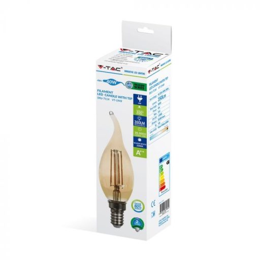 V-TAC Borostyán LED izzó filament COG  E14 C35 4W 2200K gyertyaláng - 217114
