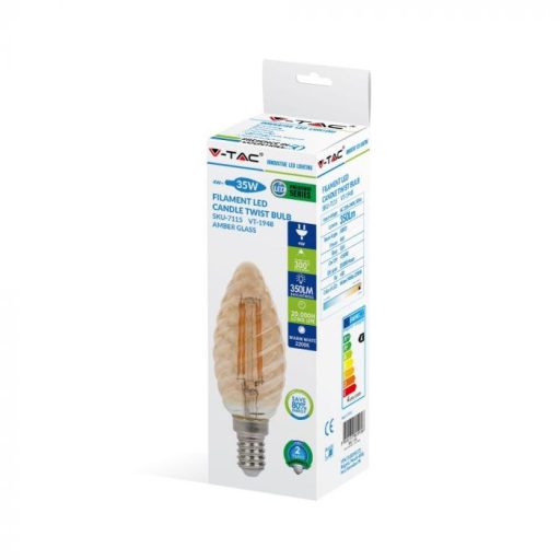 V-TAC Borostyán LED izzó filament COG  E14 C35 4W 2200K csavart gyertya - 217115