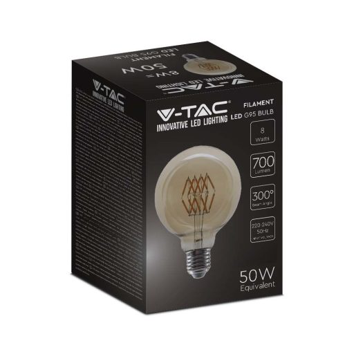 V-TAC Borostyán LED izzó filament COG  E27 G95 8W 2200K - 217145