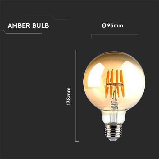V-TAC Borostyán LED izzó filament COG  E27 G95 8W 2200K - 217145