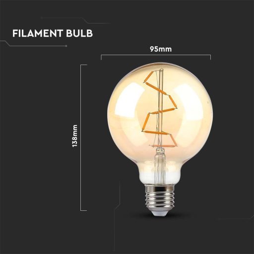 V-TAC Borostyán LED izzó filament COG  E27 G95 8W 2200K - 217146
