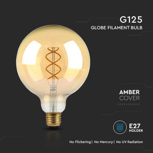 V-TAC Borostyán spirál LED izzó filament COG  E27 G125 5W 1800K - 217216