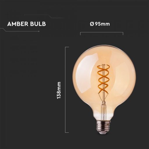 V-TAC Borostyán spirál LED izzó filament COG  E27 G95 5W 1800K - 217217