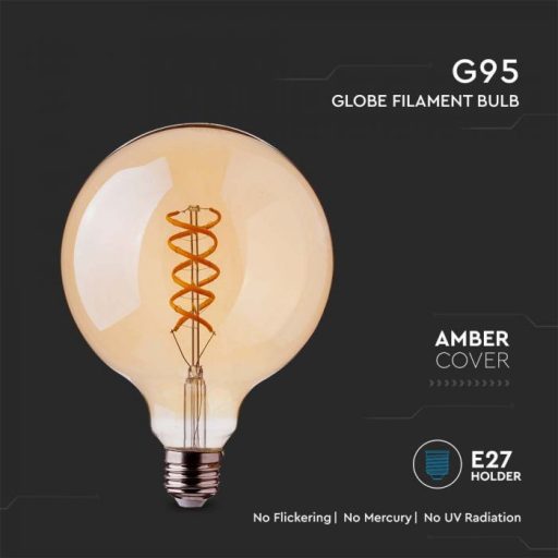 V-TAC Borostyán spirál LED izzó filament COG  E27 G95 5W 1800K - 217217