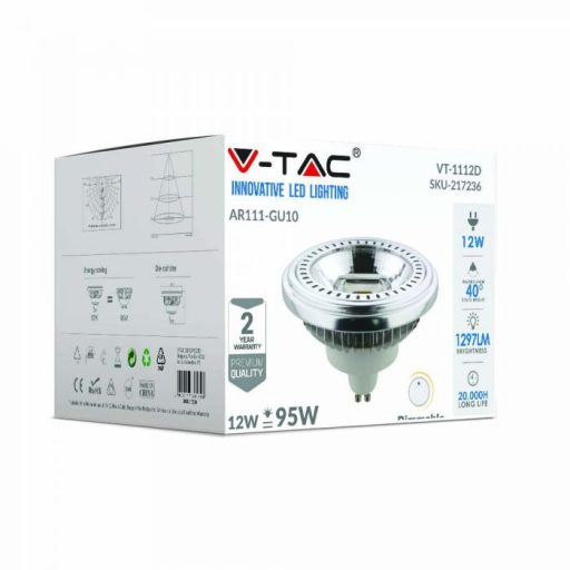 V-TAC LED spotlámpa dimmelhető  GU10 AR111 12W 40° 6400K - 217236