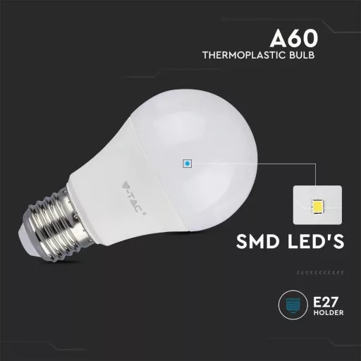 V-TAC LED izzó  csomag (3 db) E27 A60 10.5W 200° 6400K gömb - 217354