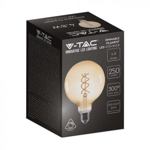 V-TAC Dimmelhető Borostyán spirál LED izzó filament COG  E27 G125 5W 1800K - 217415