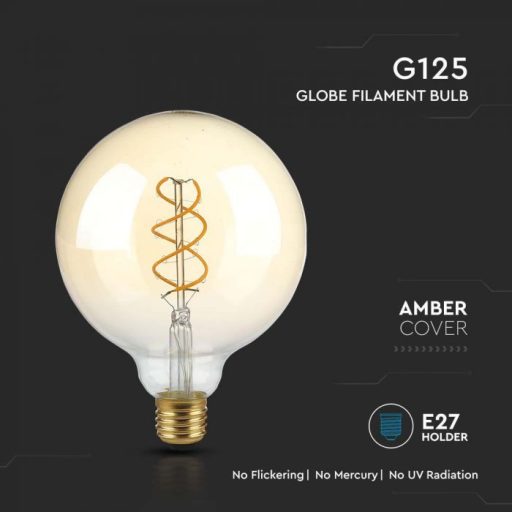V-TAC Dimmelhető Borostyán spirál LED izzó filament COG  E27 G125 5W 1800K - 217415