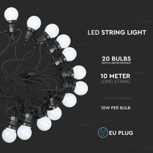 V-TAC 20 x 0.5W LED Fényfüzér 10m 20 izzó EU 6000K - 217440