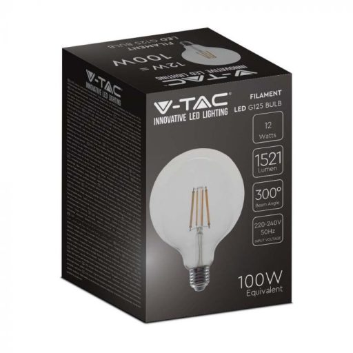 V-TAC Átlátszó LED izzó filament COG  E27 G125 12.5W 3000K nagygömb - 217453