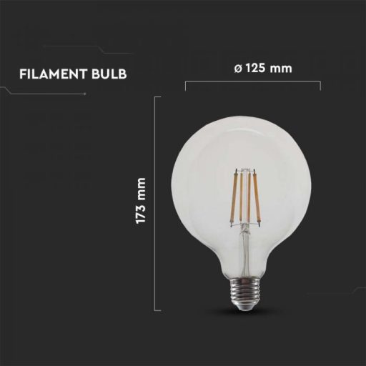 V-TAC Átlátszó LED izzó filament COG  E27 G125 12.5W 6500K nagygömb - 217455