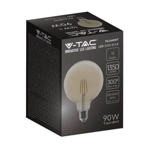 V-TAC Borostyán LED izzó filament COG  E27 G125 12.5W 2200K nagygömb - 217456
