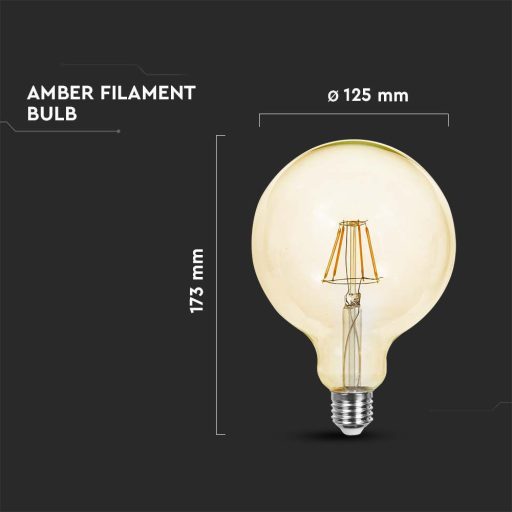 V-TAC Borostyán LED izzó filament COG  E27 G125 12.5W 2200K nagygömb - 217456