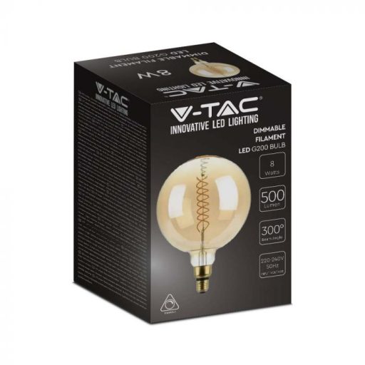 V-TAC Dimmelhető borostyán LED izzó filament COG  E27 G200 8W 1800K nagygömb - 217462