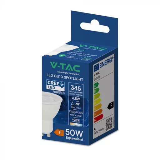 V-TAC LED spotlámpa  GU10 MR16 4.5W 38° 4000K spot (CREE Chip) - 217976