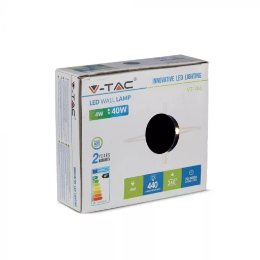 V-TAC 4W led fali lámpatest kerek, fekete 3000K - IP65 - 218215