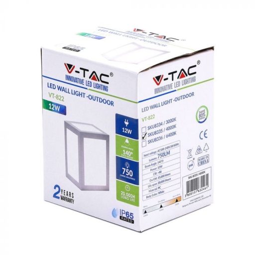 V-TAC 12W LED Fali lámpa fehér színű 3000K - IP65 - 218334