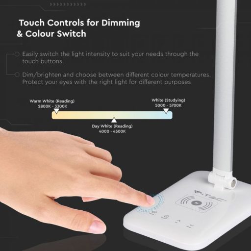 V-TAC LED asztali lámpa 7W 3in1 vezeték nélküli telefon töltővel - fehér - 218519