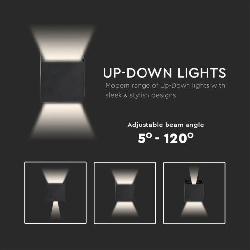 V-TAC 12W LED Fali lámpa Bridgelux Chip fekete színű négyzet alakú 3000K - IP65 - 218529