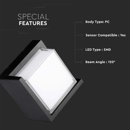 V-TAC LED 12W Fali világítás négyzet forma - fekete - 3000K - IP65 - 218539