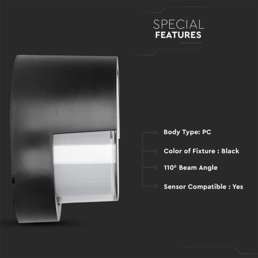 V-TAC LED Fali világítás kerek forma 7W IP65 3000K - fekete - 218609