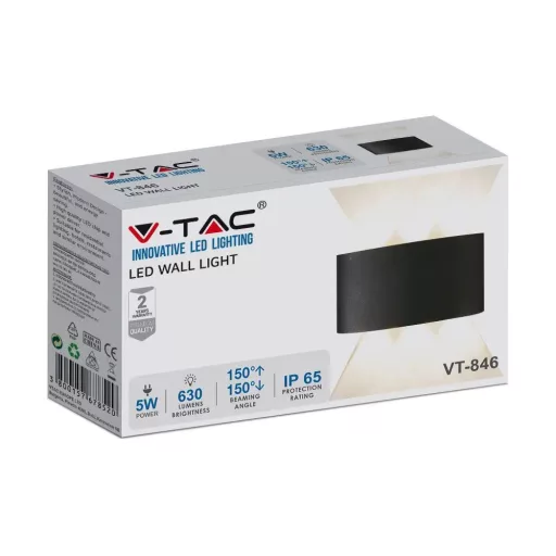 V-TAC 6W LED Fali lámpa IP54 fekete 3000K - 218615