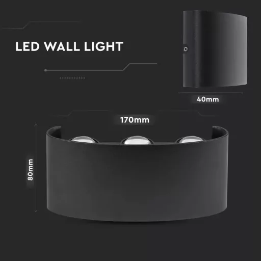 V-TAC 6W LED Fali lámpa IP54 fekete 3000K - 218615