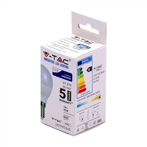 V-TAC LED izzó  E14 P45 6.5W 180° 4000K kisgömb (Samsung Chip) - 21864