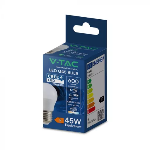 V-TAC LED izzó  E27 G45 6.5W 180° 4000K kisgömb (CREE Chip) - 21867-6