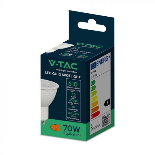 V-TAC LED spotlámpa GU10 MR16 7.5W 38° 3000K - 218751