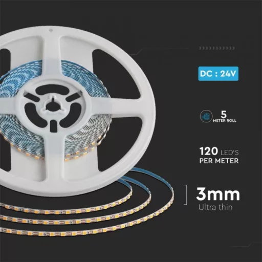 V-TAC LED szalag SMD2835 120LED/M 8W/M 800lm/M 24V IP20 -3mm széles -4000K - 23025