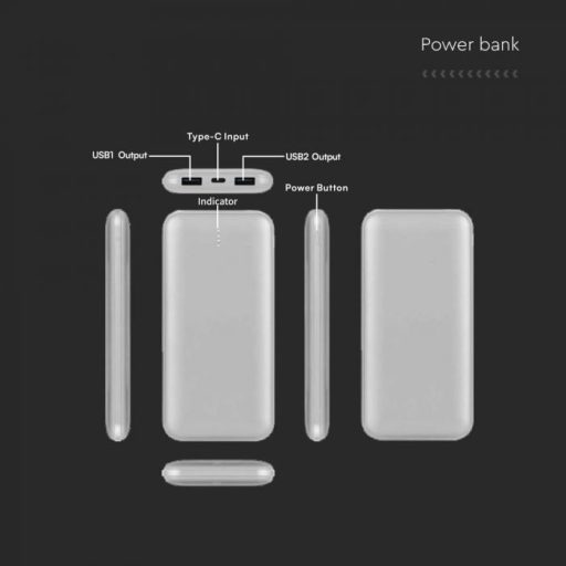 V-TAC POWER BANK (hordozható töltő) 10000mAh 2A 30CM C típusú kábel - Ezüst - 23035