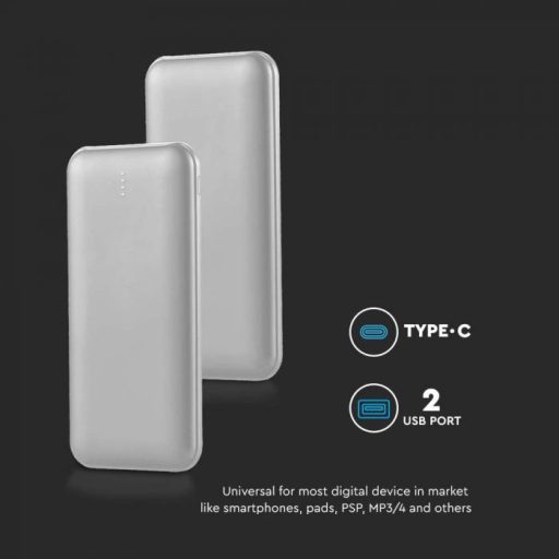 V-TAC POWER BANK (hordozható töltő) 10000mAh 2A 30CM C típusú kábel - Ezüst - 23035