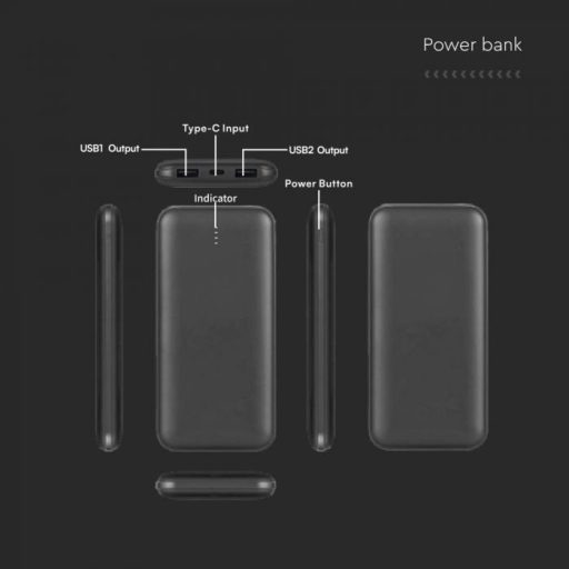 V-TAC POWER BANK (hordozható töltő) 10000mAh 2A 30CM C típusú kábel - Szürke - 23037