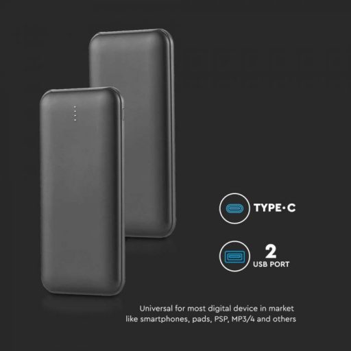 V-TAC POWER BANK (hordozható töltő) 10000mAh 2A 30CM C típusú kábel - Szürke - 23037