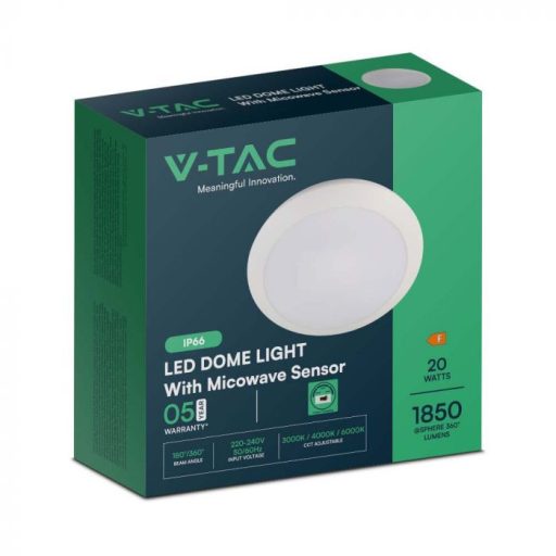 V-TAC LED mennyezeti lámpatest, mikrohullámú mozgásérzékelővel, fehér 20W 3000K IP44 - 23160