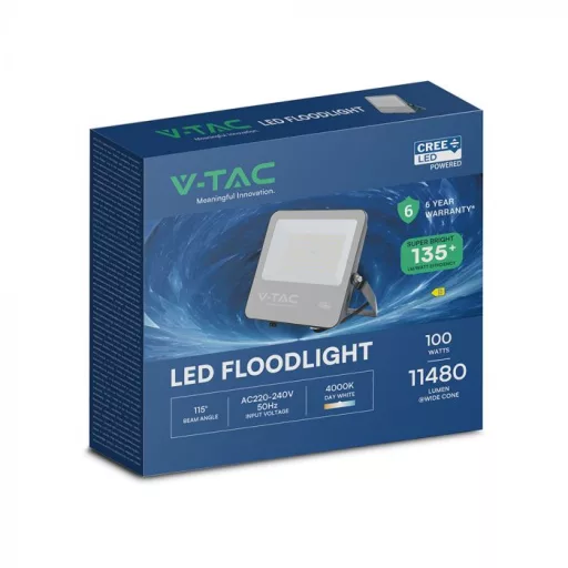 V-TAC 100W LED reflektor 115° 4000K 135LM/W fekete házas (CREE Chip) 1M hosszú vezetékkel - 232186
