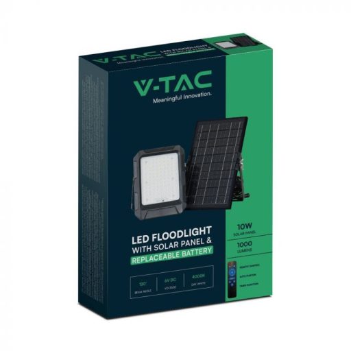 V-TAC 10W LED napelemes (SOLAR) reflektor távirányítóval 120° 4000K fekete házas  - 23438