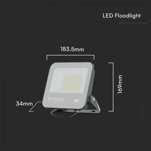 V-TAC 50W LED reflektor 115° 6500K fekete házas, szürke matt üveggel , 1 m hosszú vezetékkel (Samsung Chip) -23600
