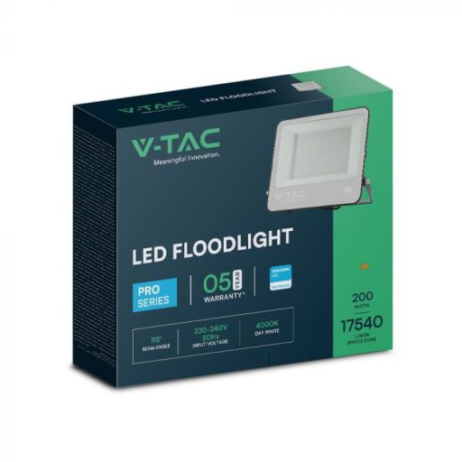 V-TAC 200W LED reflektor 115° 4000K fekete házas, szürke matt üveggel , 1 m hosszú vezetékkel (Samsung Chip) -23601