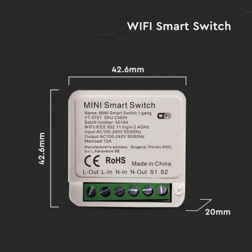 V-TAC MINI Online kapcsoló 1 gang, Amazon Alexa & Google Home kompatibilis - 23604
