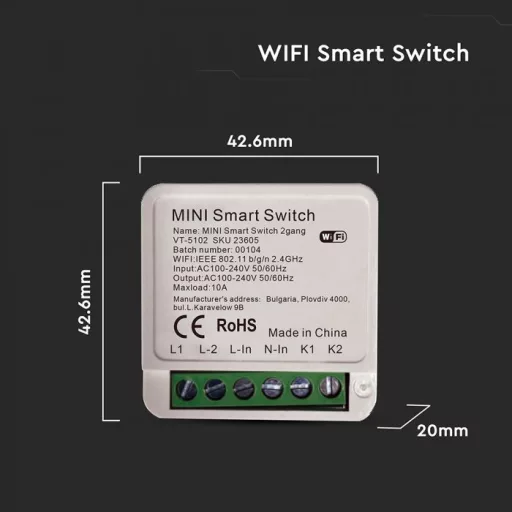 V-TAC MINI Online kapcsoló 2 gang, Amazon Alexa & Google Home kompatibilis - 23605