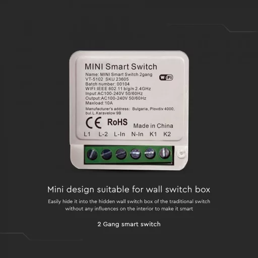 V-TAC MINI Online kapcsoló 2 gang, Amazon Alexa & Google Home kompatibilis - 23605
