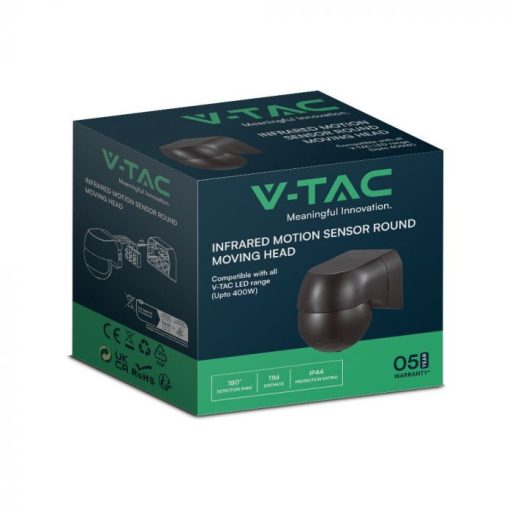 V-TAC infravörös mozgásérzékelő 180° IP44 - fekete  - 23678