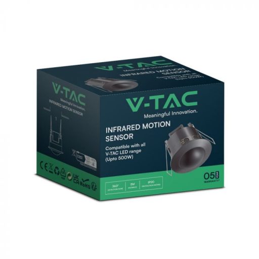V-TAC beépíthető infravörös mozgásérzékelő 360° Full Fekete - 23679
