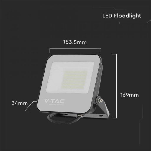 V-TAC LED reflektor 50W 4000K 160 L/W Fekete házas, Szürke matt üveggel, 1 m hosszú vezetékkel -23694