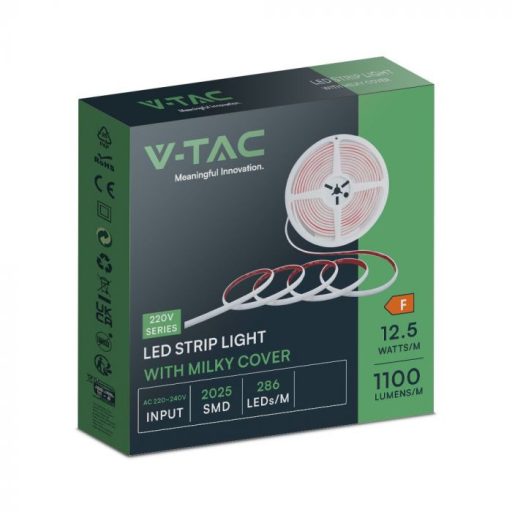 V-TAC LED szalag SMD2025 286LED/M 12.5W/M 220V IP65 3000K 5M/Tekercs - 23715