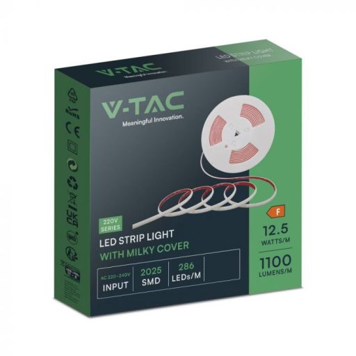V-TAC LED szalag SMD2025 286LED/M 12.5W/M 220V IP65 3000K 10M/Tekercs - 23718