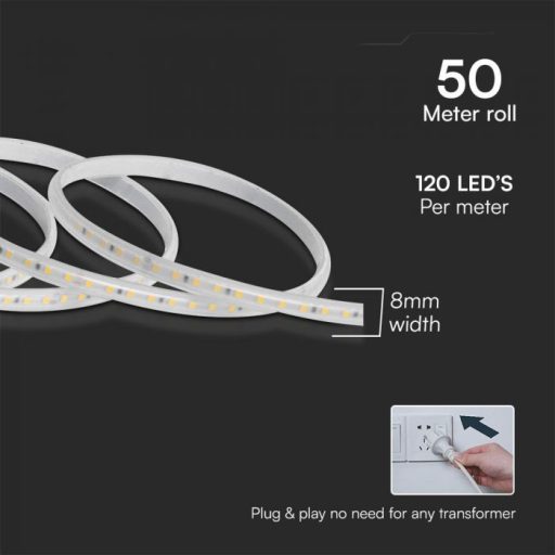 V-TAC LED szalag SMD2835 121LED/M 10.5W/M 220V IP65 6500K 50M/Tekercs - 23735