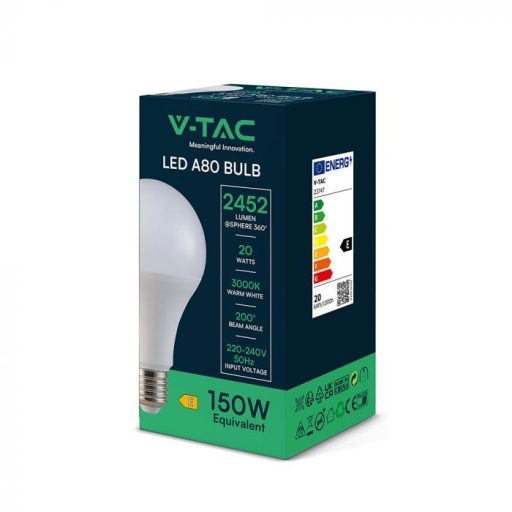 V-TAC LED izzó  E27 A80 20W 200° 3000K gömb - 23747